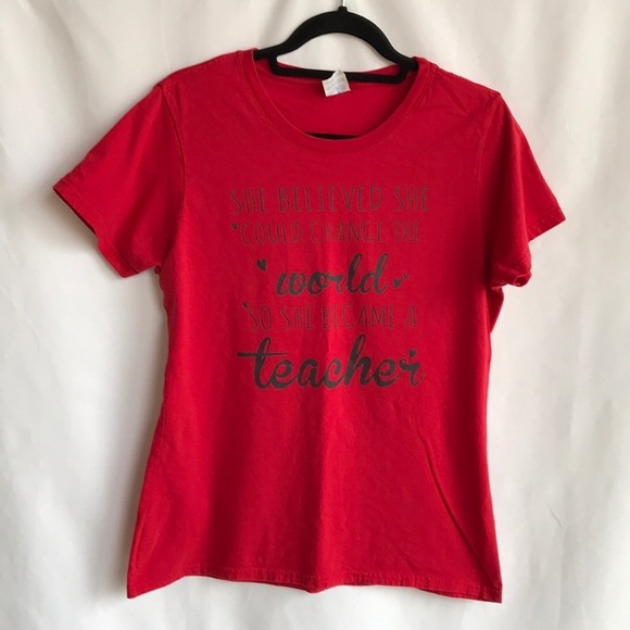 Port and Company Tops - Port & Co. Teacher Change the World red T-shirt, L